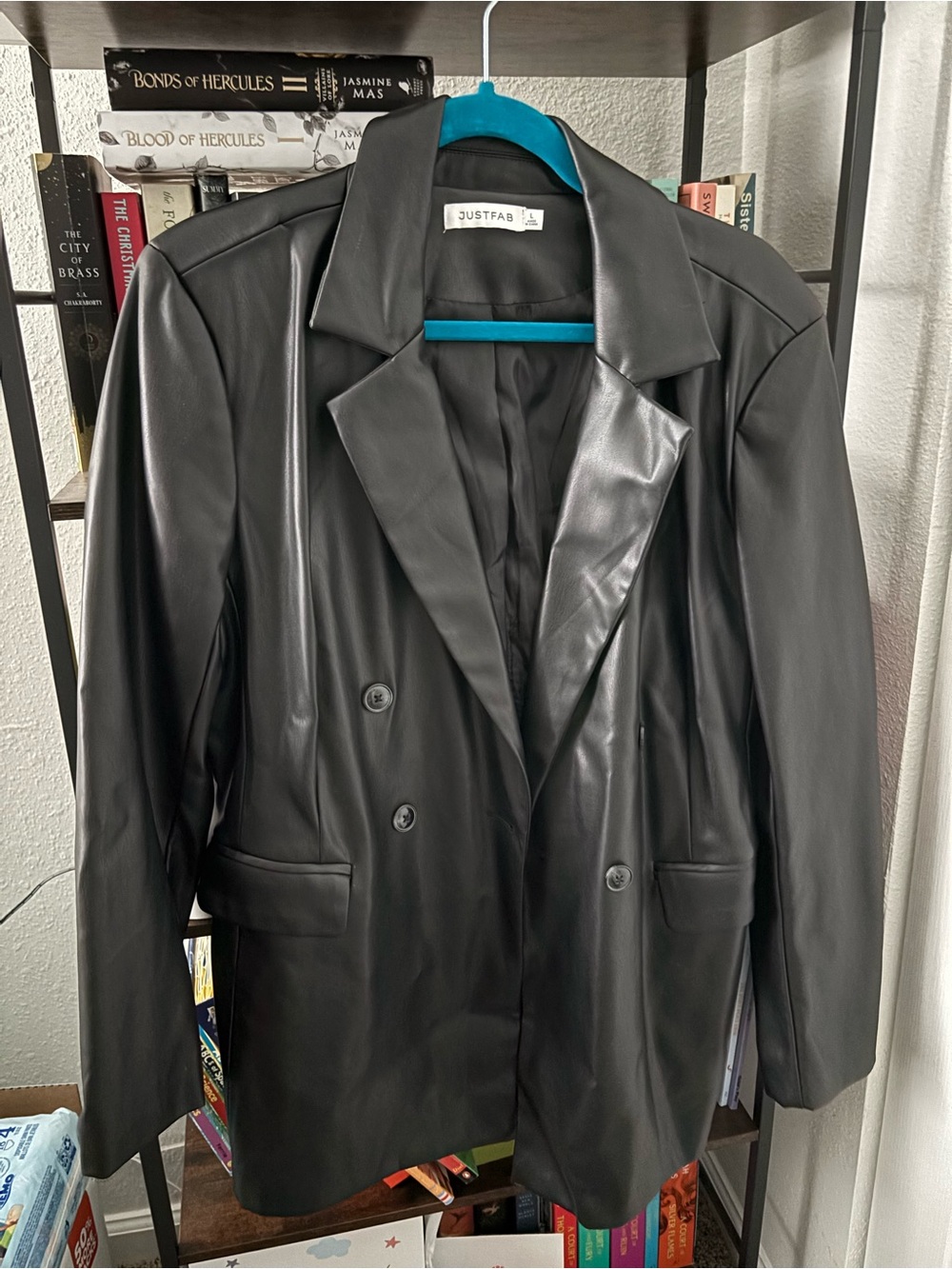 JustFab Black Faux Leather Double-Breasted Blazer Jacket